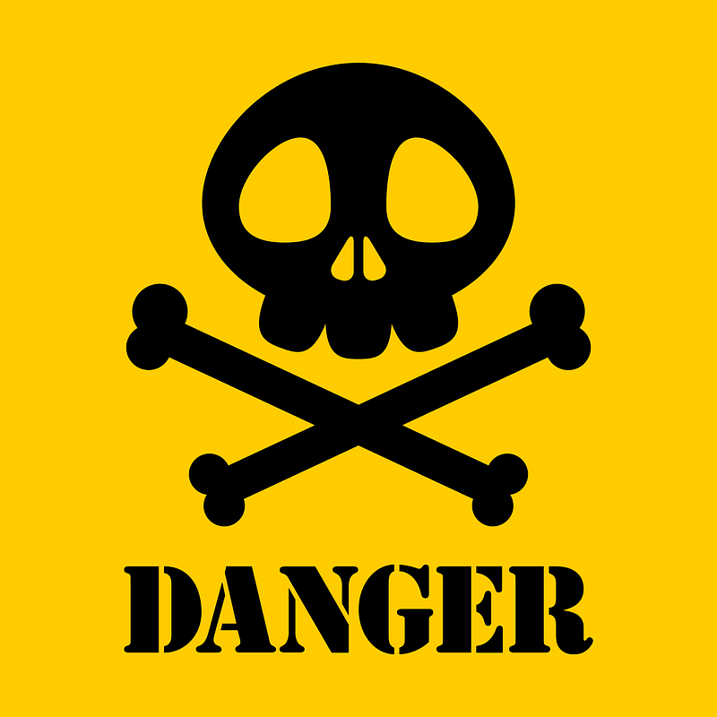 black skull and bones with the word "danger" surrounded by a yellow background