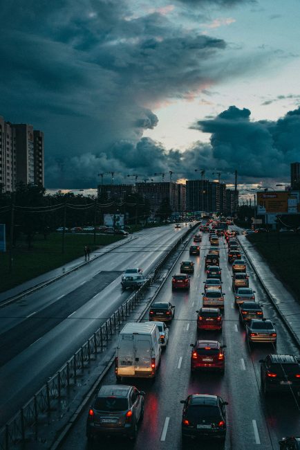 photo from above of cars on busy highway